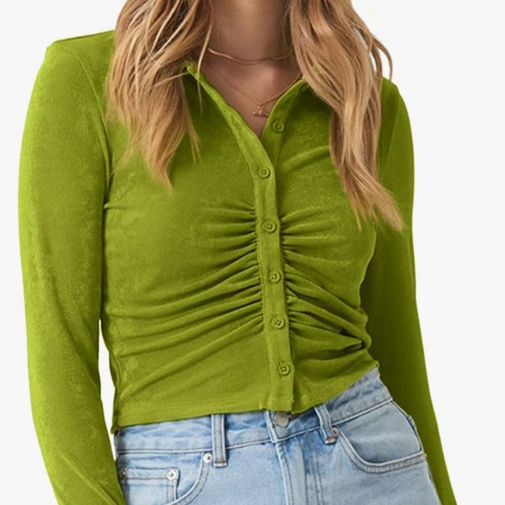 Green ruched button down crop top